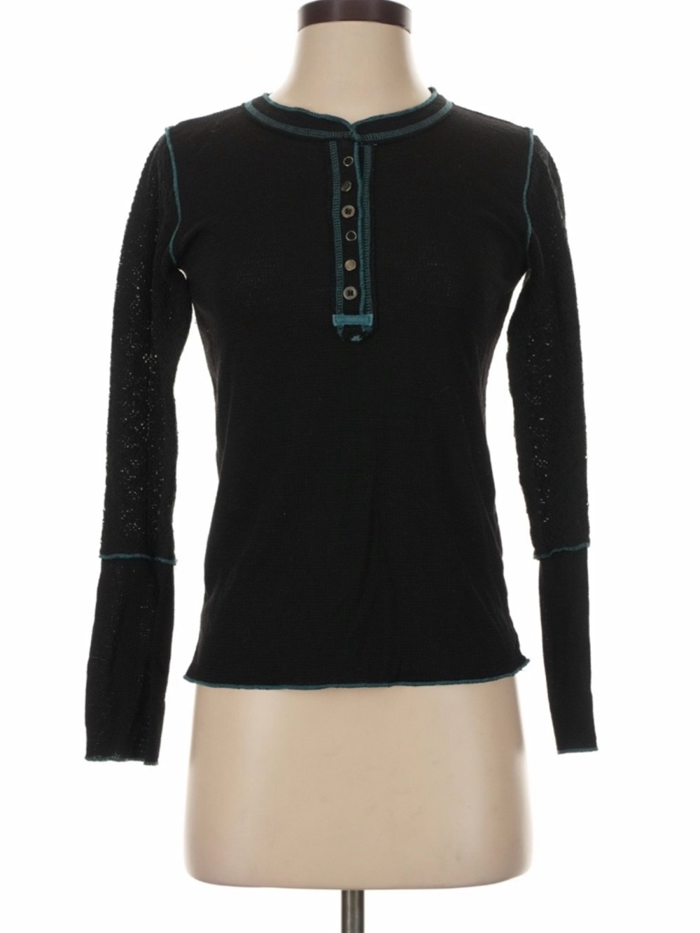 POL Black Long-Sleeve Henley Top with Teal Trim